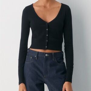 HomeStretch Rib V-Neck Waist Button Up